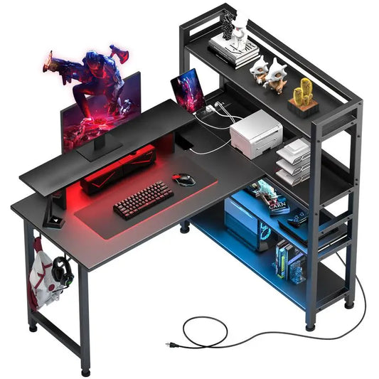 Computer desk Gaming desk with shelves, L-shaped corner  55' Reversible  with charging connection,integrated socket