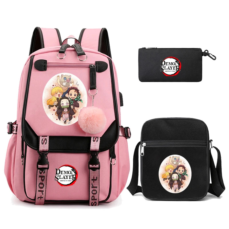 3Pcs Kamado Nezuko Demon Slayer Backpacks Set for Girls Anime School Bag Teenager Student Canvas Laptop Back Pack Women Rucksack