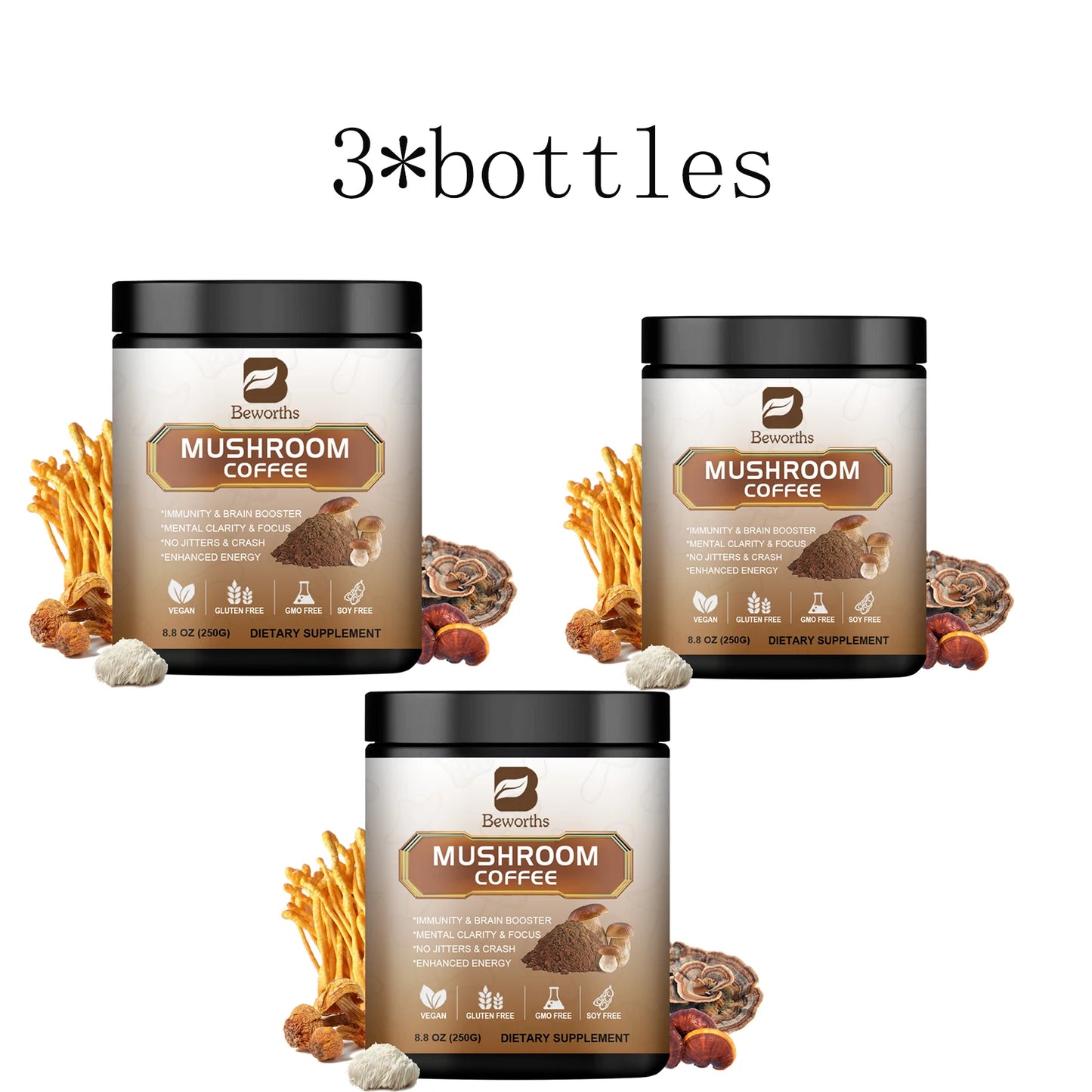 Mushroom Coffee Supplement 10 Mushroom Blend- Lion's Mane, Chaga, Cordyceps, Ashwagandha, L-Theanine for Energy, Focus, Memory