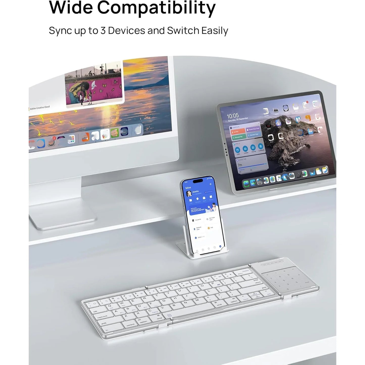 SODI Foldable Keyboard with Touchpad Portable Wireless Keyboard with Phone Holder Rechargeable for iPad iPhone Mac iOS White