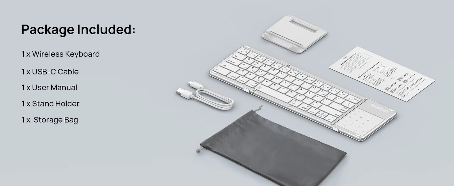 SODI Foldable Keyboard with Touchpad Portable Wireless Keyboard with Phone Holder Rechargeable for iPad iPhone Mac iOS White