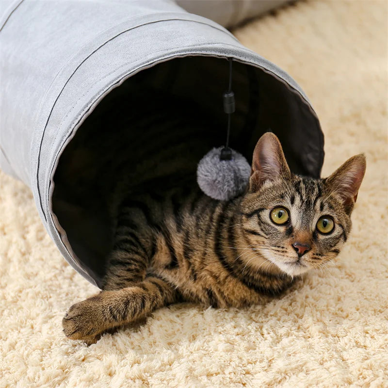 Cat Tunnel Toy Cat Pop Up Bed Collapsible Rabbit Round Tunnel with Mat Cushion 3 Tube Interactive Peek Plush Ball Toy for Indoor