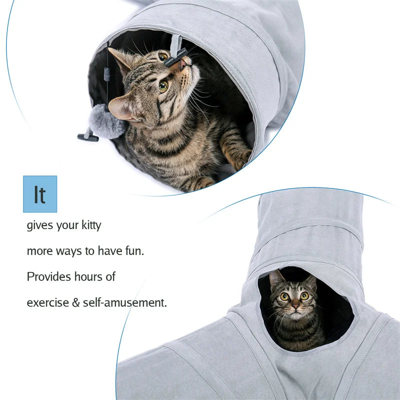 Cat Tunnel Toy Cat Pop Up Bed Collapsible Rabbit Round Tunnel with Mat Cushion 3 Tube Interactive Peek Plush Ball Toy for Indoor