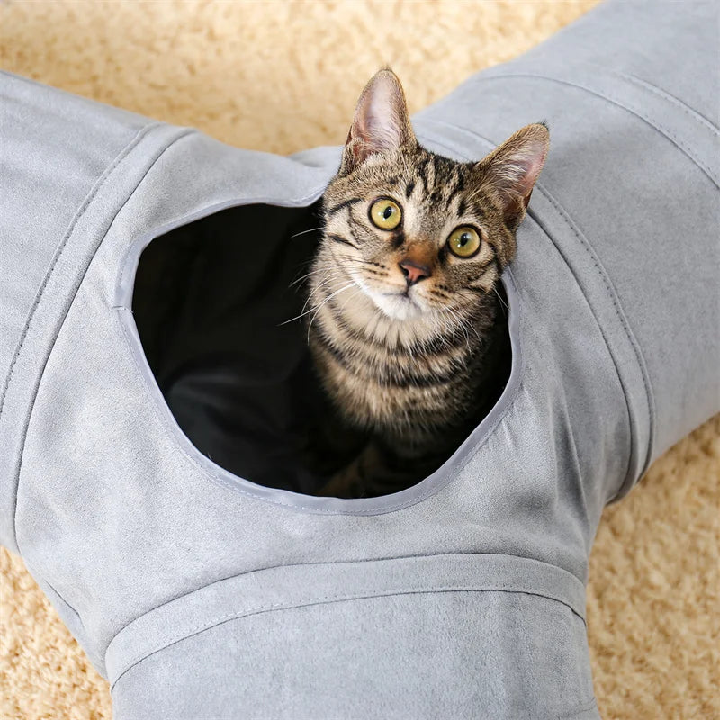 Cat Tunnel Toy Cat Pop Up Bed Collapsible Rabbit Round Tunnel with Mat Cushion 3 Tube Interactive Peek Plush Ball Toy for Indoor