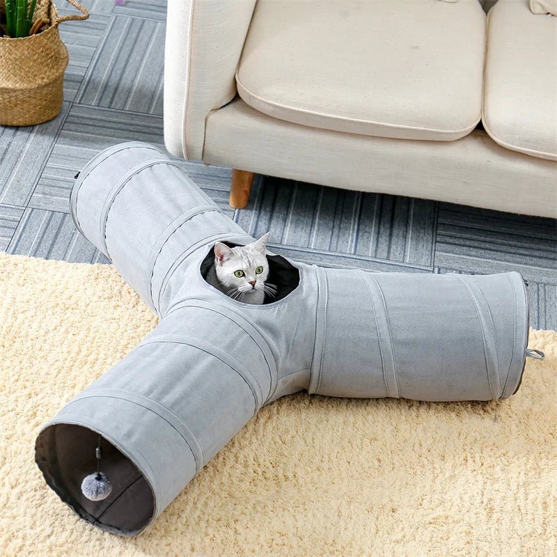 Cat Tunnel Toy Cat Pop Up Bed Collapsible Rabbit Round Tunnel with Mat Cushion 3 Tube Interactive Peek Plush Ball Toy for Indoor